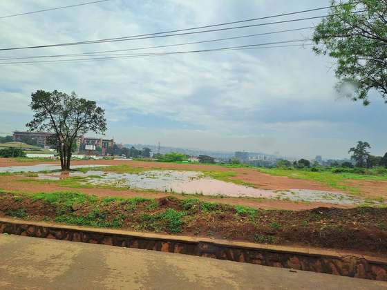 Green countryside on the road between meetings, under a wide Ugandan sky.